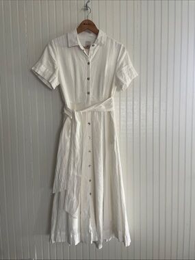 Joie Ivory Button-Front Midi Shirt Dress with Pockets and Waist Tie Size 4